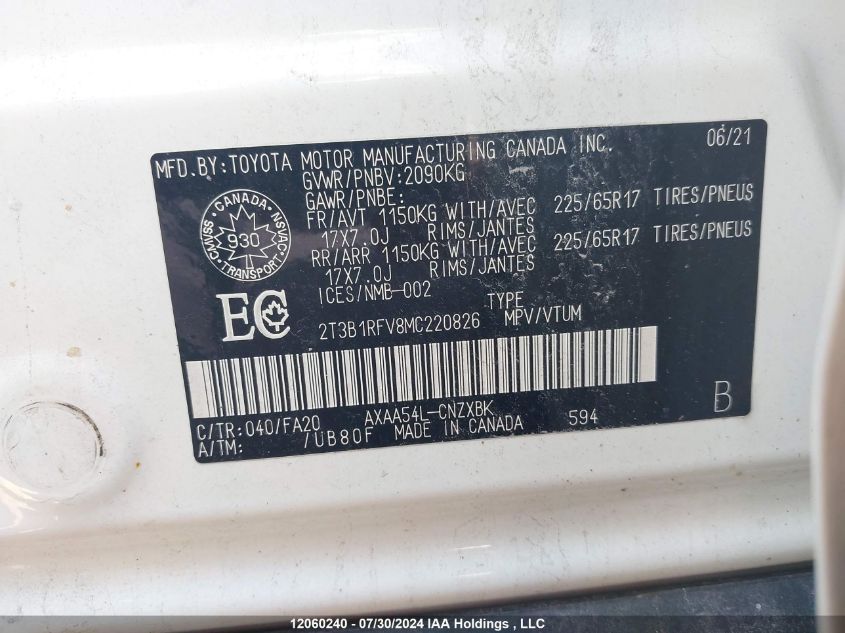 2021 Toyota Rav4 Le VIN: 2T3B1RFV8MC220826 Lot: 12060240