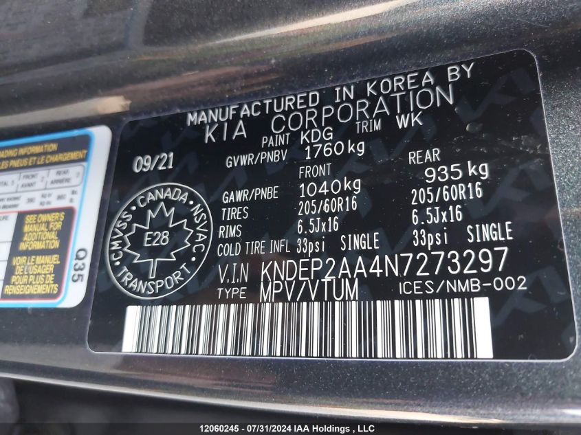 2022 Kia Seltos VIN: KNDEP2AA4N7273297 Lot: 12060245