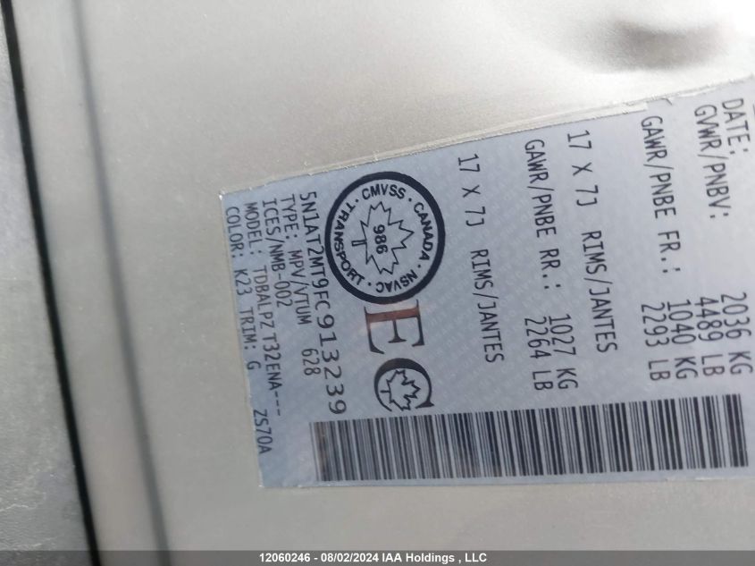 2015 Nissan Rogue VIN: 5N1AT2MT9FC913239 Lot: 12060246