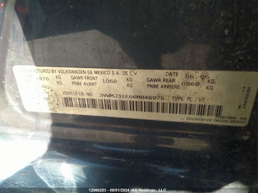 2006 Volkswagen Jetta Sedan VIN: 3VWMJ31K66M846975 Lot: 12060253