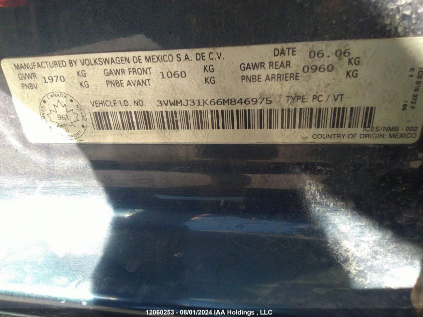 2006 Volkswagen Jetta Sedan VIN: 3VWMJ31K66M846975 Lot: 12060253