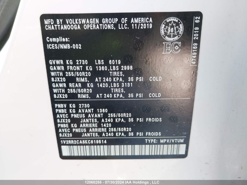 2019 Volkswagen Atlas VIN: 1V2RR2CA5KC619514 Lot: 12060255