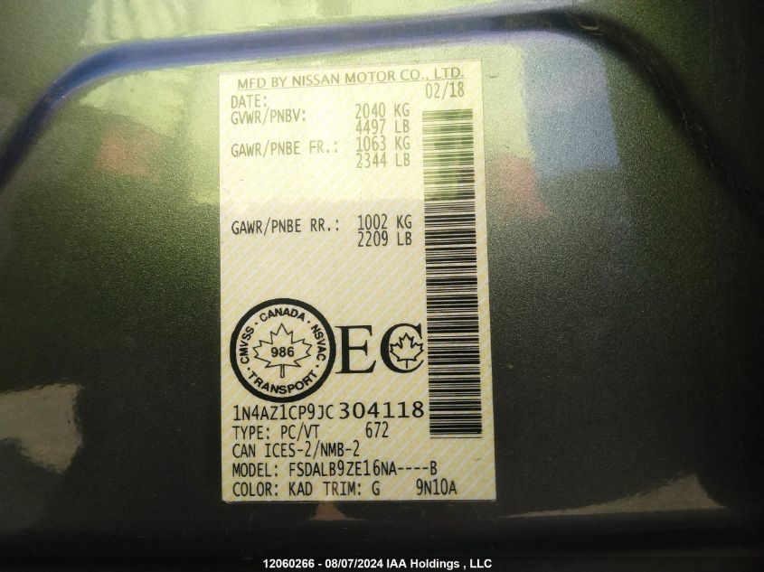 2018 Nissan Leaf VIN: 1N4AZ1CP9JC304118 Lot: 12060266