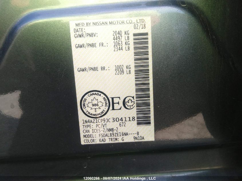 2018 Nissan Leaf VIN: 1N4AZ1CP9JC304118 Lot: 12060266