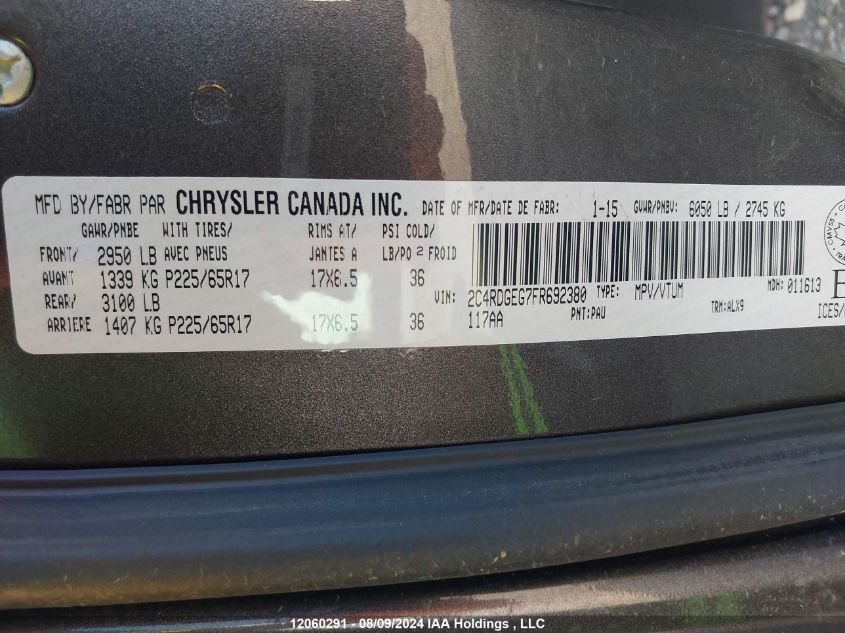 2015 Dodge Grand Caravan R/T VIN: 2C4RDGEG7FR692380 Lot: 12060291