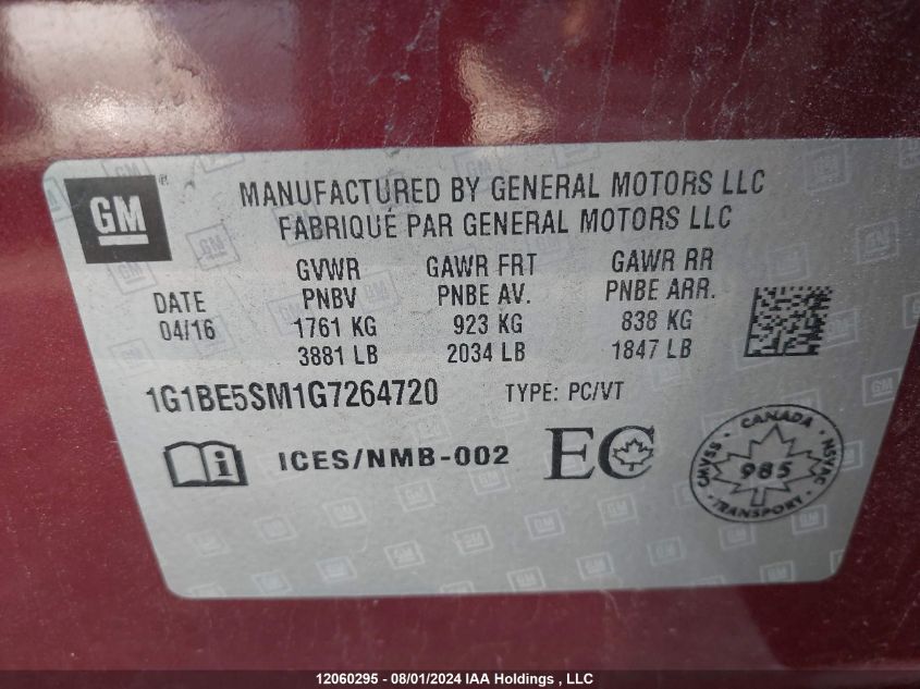 2016 Chevrolet Cruze VIN: 1G1BE5SM1G7264720 Lot: 12060295