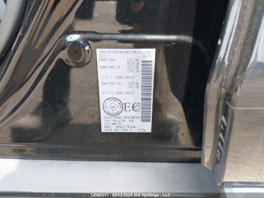 2015 Nissan Rogue S/Sl/Sv VIN: 5N1AT2MV8FC892854 Lot: 12060311