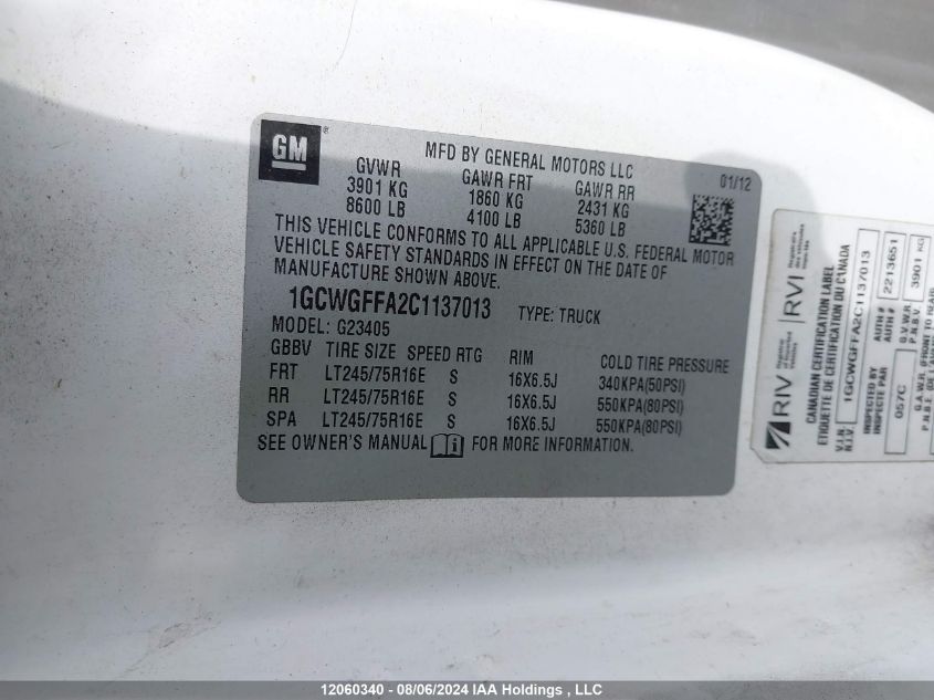 2012 Chevrolet Express 2500 Work Van VIN: 1GCWGFFA2C1137013 Lot: 12060340