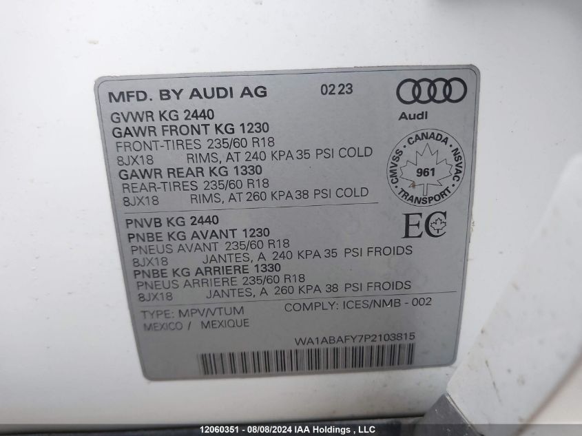 2023 Audi Q5 VIN: WA1ABAFY7P2103815 Lot: 12060351