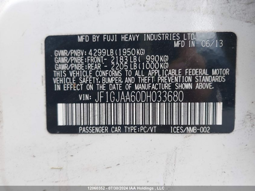 2013 Subaru Impreza VIN: JF1GJAA60DH033680 Lot: 12060352
