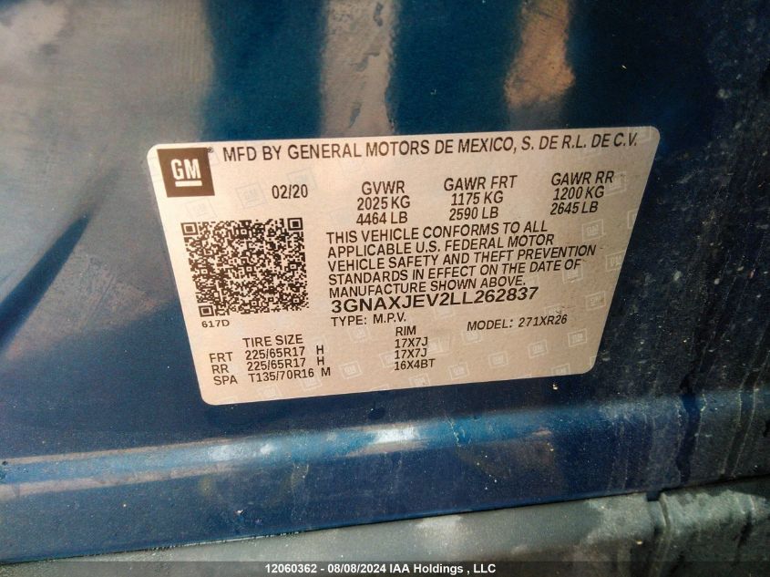 2020 Chevrolet Equinox Fwd 2Fl VIN: 3GNAXJEV2LL262837 Lot: 12060362