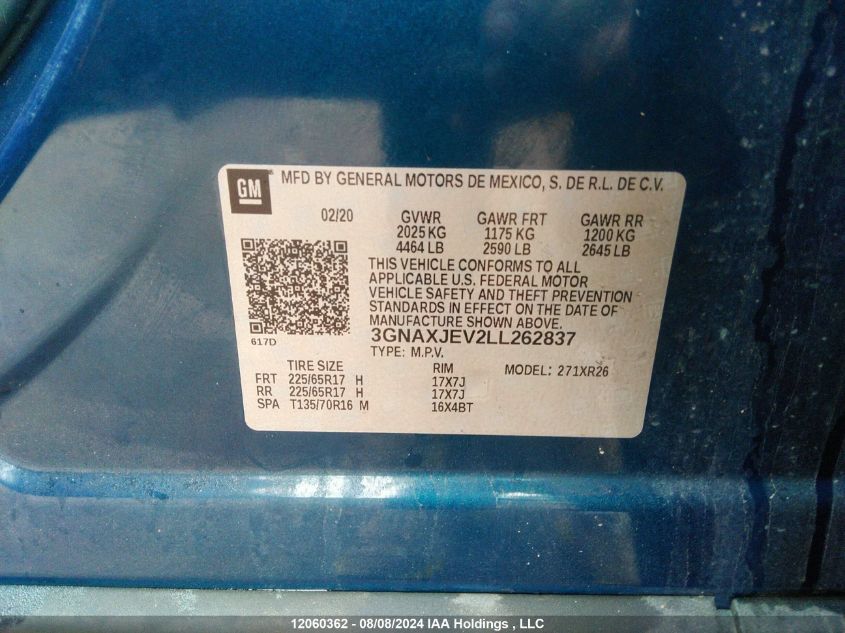 2020 Chevrolet Equinox Fwd 2Fl VIN: 3GNAXJEV2LL262837 Lot: 12060362