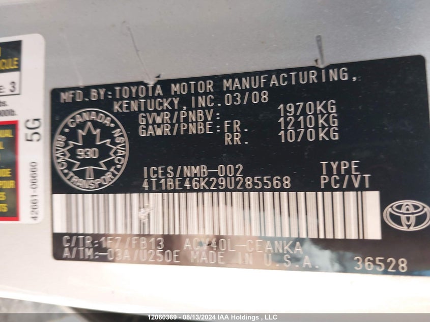 2009 Toyota Camry Le VIN: 4T1BE46K29U285568 Lot: 12060369