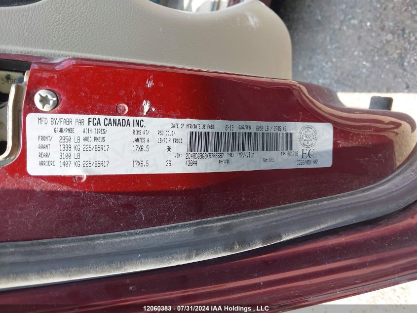 2019 Dodge Grand Caravan Cvp/Sxt VIN: 2C4RDGBG8KR706687 Lot: 12060383