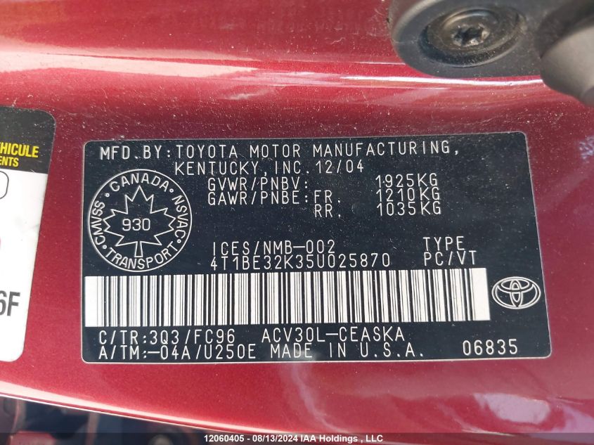 2005 Toyota Camry Le/Xle/Se VIN: 4T1BE32K35U025870 Lot: 12060405