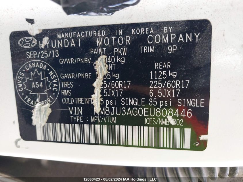 2014 Hyundai Tucson Gls VIN: KM8JU3AG0EU808446 Lot: 12060423