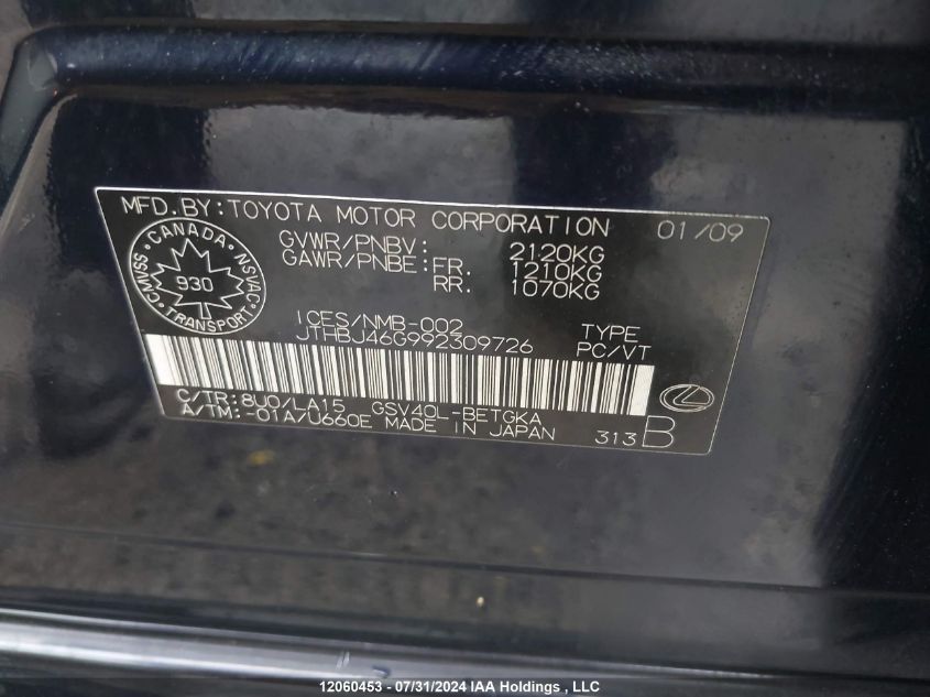 2009 Lexus Es350 VIN: JTHBJ46G992309726 Lot: 12060453