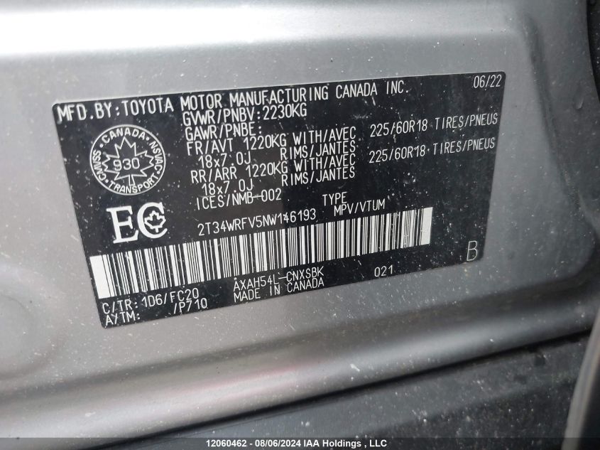 2022 Toyota Rav4 VIN: 2T34WRFV5NW146193 Lot: 12060462