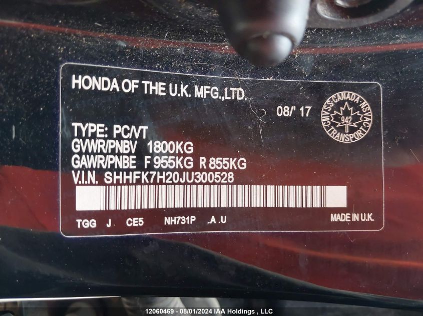 2018 Honda Civic Hatchback VIN: SHHFK7H20JU300528 Lot: 12060469