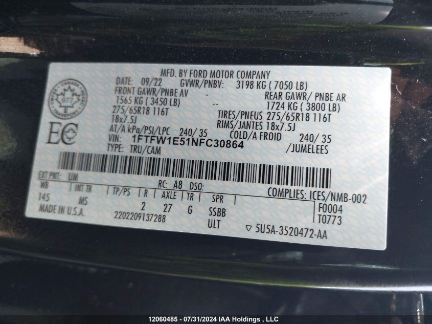 2022 Ford F150 Supercrew VIN: 1FTFW1E51NFC30864 Lot: 12060485