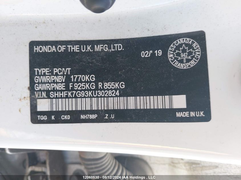 2019 Honda Civic Sport Touring VIN: SHHFK7G93KU302824 Lot: 12060530
