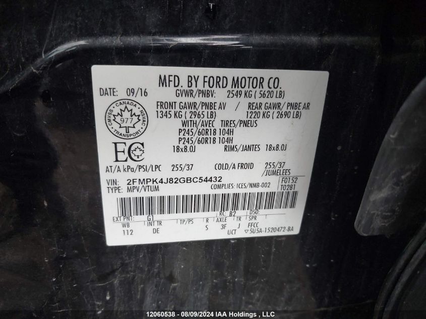 2016 Ford Edge Sel VIN: 2FMPK4J82GBC54432 Lot: 12060538