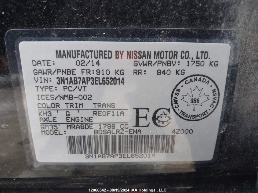 2014 Nissan Sentra VIN: 3N1AB7AP3EL652014 Lot: 12060542