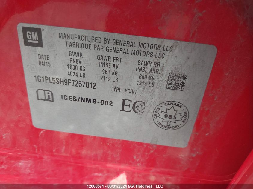 2015 Chevrolet Cruze VIN: 1G1PL5SH9F7257012 Lot: 12060571