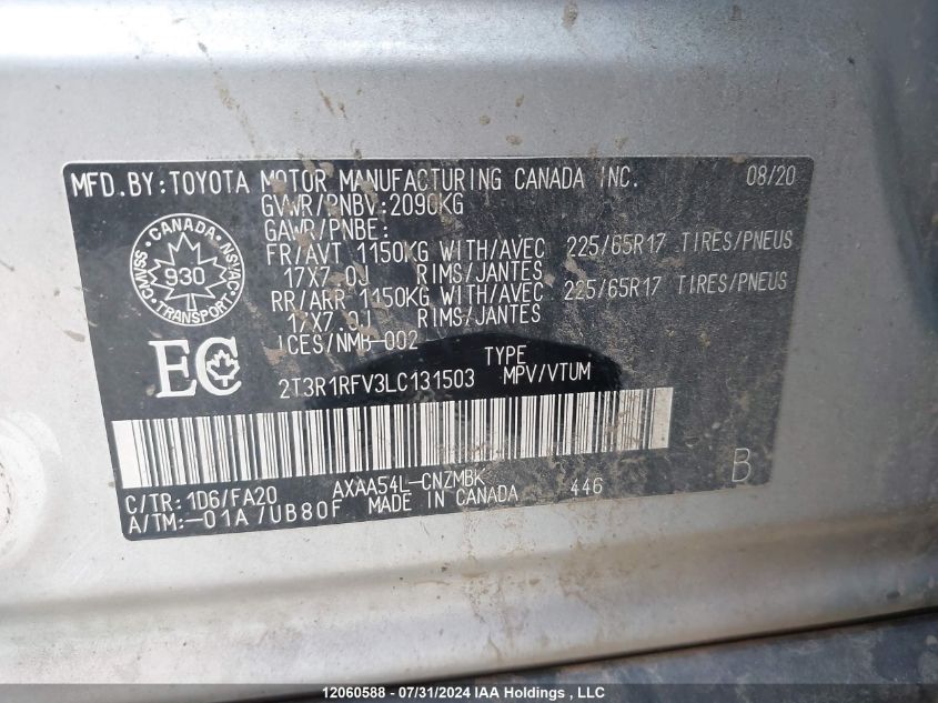 2020 Toyota Rav4 VIN: 2T3R1RFV3LC131503 Lot: 12060588