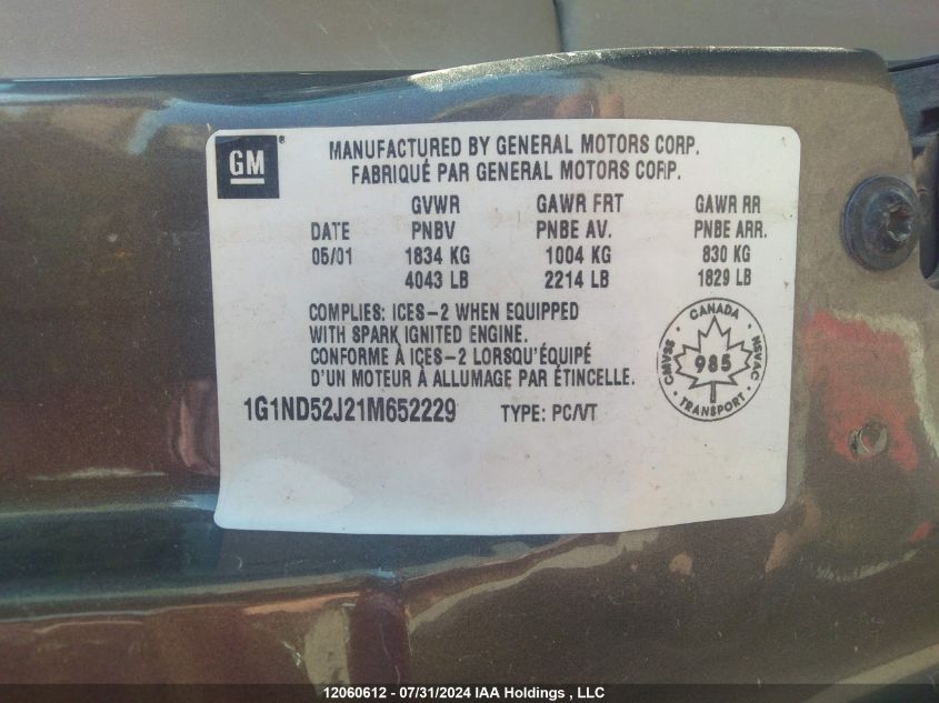 2001 Chevrolet Malibu VIN: 1G1ND52J21M652229 Lot: 12060612