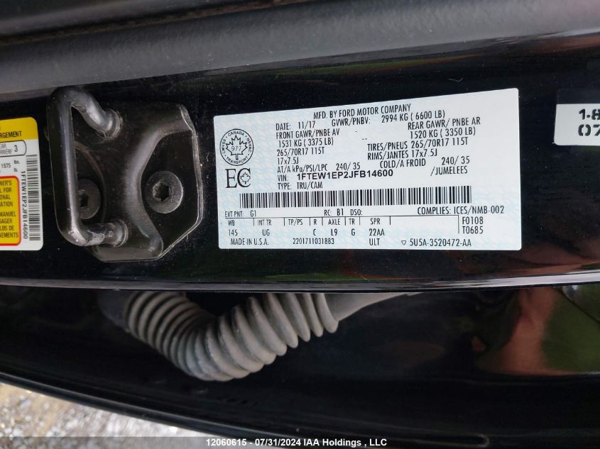 2018 Ford F150 Supercrew VIN: 1FTEW1EP2JFB14600 Lot: 12060615