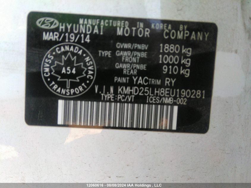 2014 Hyundai Elantra Gt Gl VIN: KMHD25LH8EU190281 Lot: 12060616