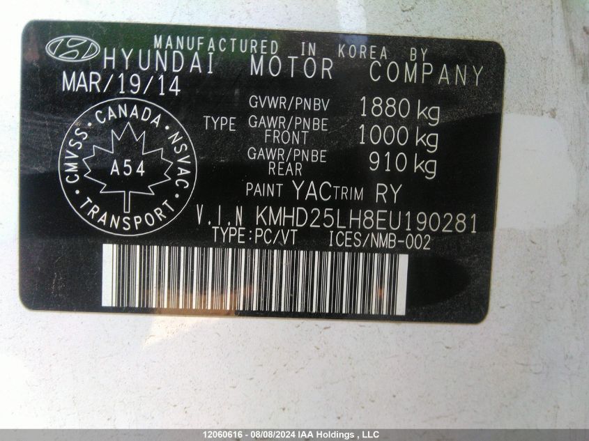 2014 Hyundai Elantra Gt Gl VIN: KMHD25LH8EU190281 Lot: 12060616