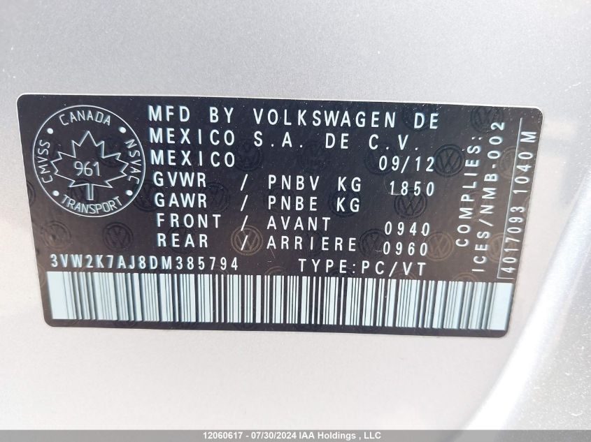 3VW2K7AJ8DM385794 2013 Volkswagen Jetta Sedan