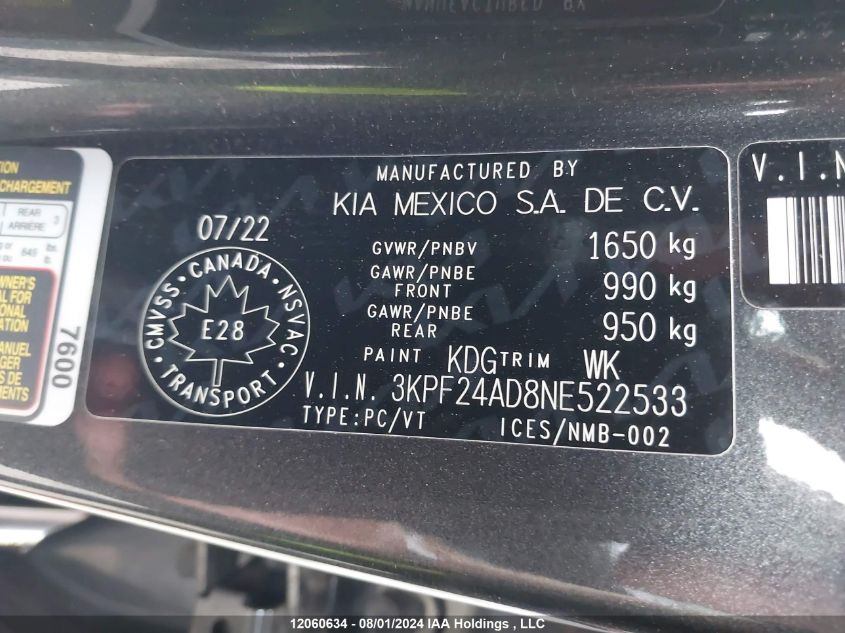 2022 Kia Forte VIN: 3KPF24AD8NE522533 Lot: 12060634