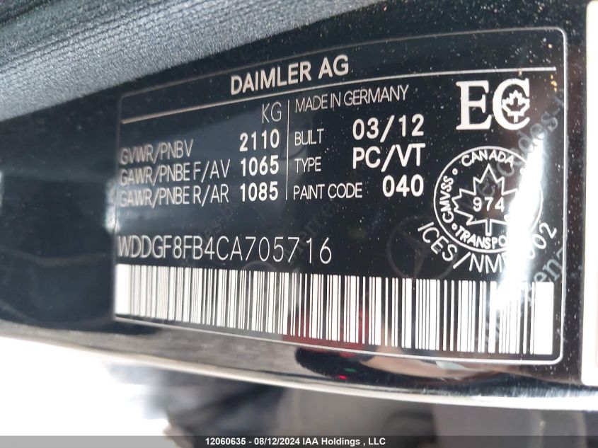 2012 Mercedes-Benz C-Class VIN: WDDGF8FB4CA705716 Lot: 12060635