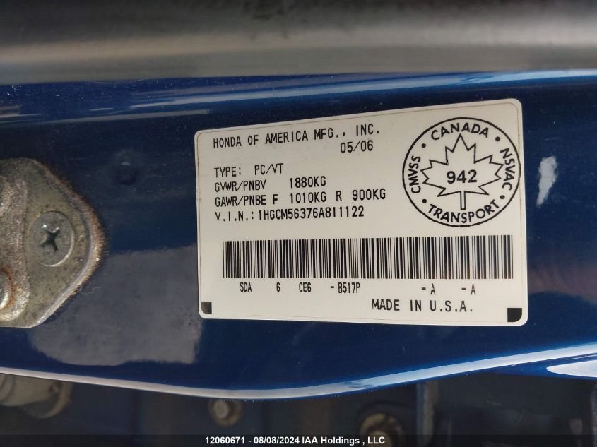 2006 Honda Accord Sdn VIN: 1HGCM56376A811122 Lot: 12060671