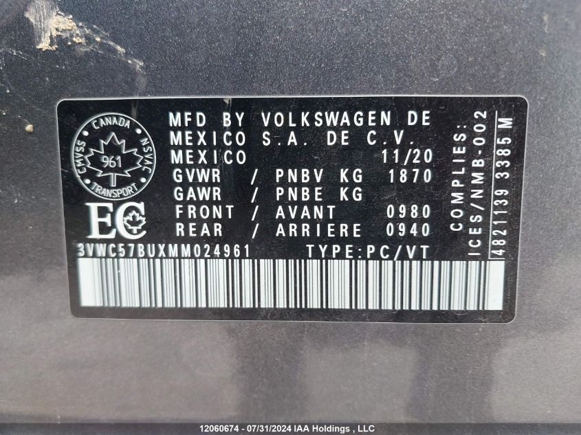 2021 Volkswagen Jetta VIN: 3VWC57BUXMM024961 Lot: 12060674