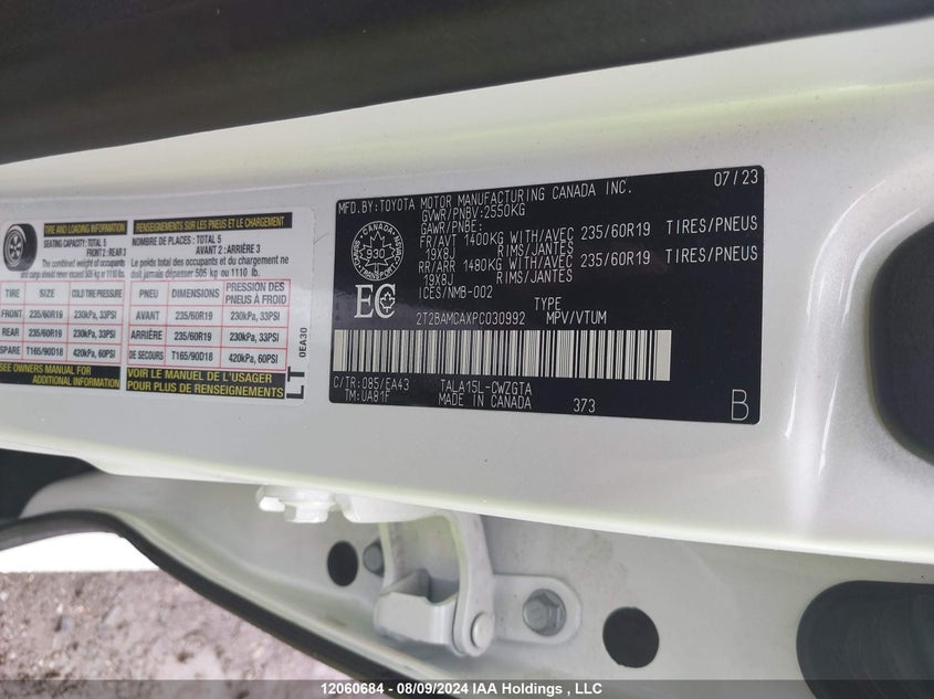 2023 Lexus Rx 350 VIN: 2T2BAMCAXPC030992 Lot: 12060684