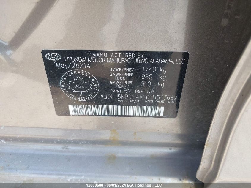 2014 Hyundai Elantra VIN: 5NPDH4AE6EH543682 Lot: 12060688