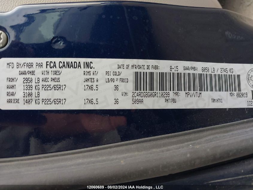 2016 Dodge Grand Caravan Se/Sxt VIN: 2C4RDGBG0GR110299 Lot: 12060689