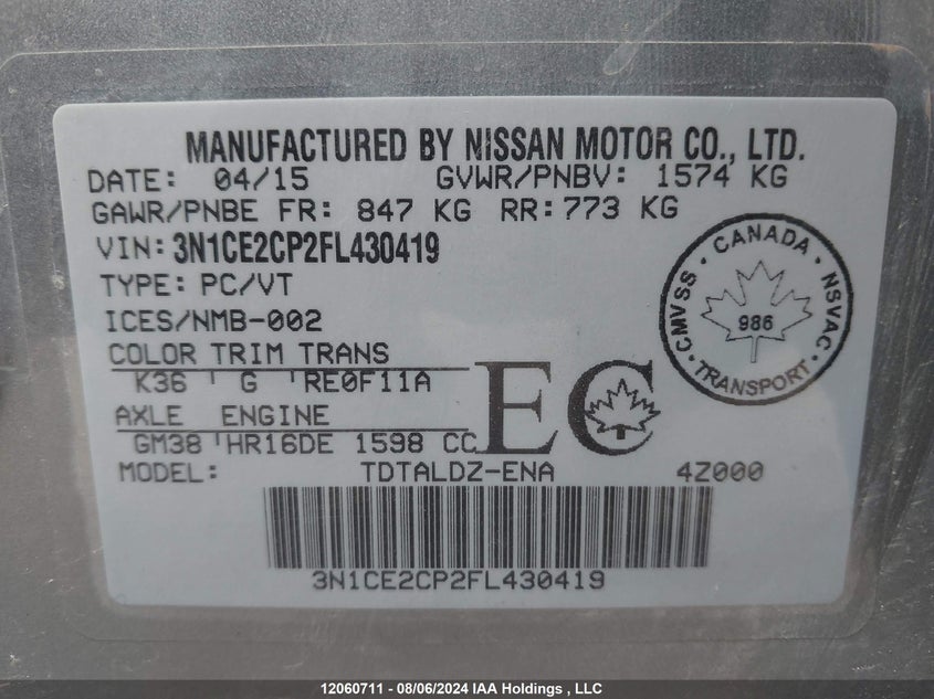 2015 Nissan Versa Note VIN: 3N1CE2CP2FL430419 Lot: 12060711