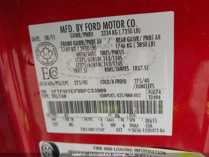 2011 Ford F150 Supercrew VIN: 1FTFW1EF9BFC53989 Lot: 12060717