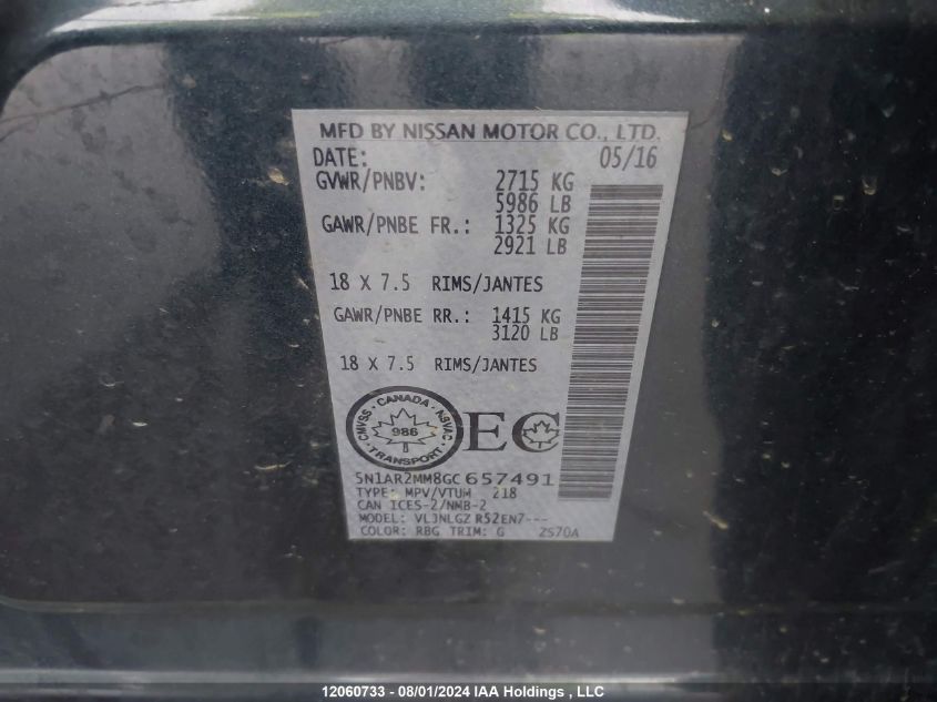 2016 Nissan Pathfinder VIN: 5N1AR2MM8GC657491 Lot: 12060733