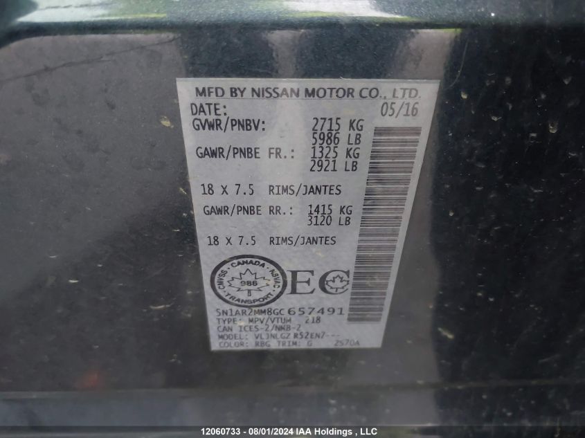 2016 Nissan Pathfinder VIN: 5N1AR2MM8GC657491 Lot: 12060733