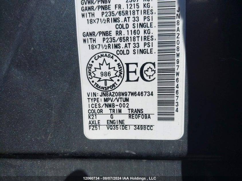 2007 Nissan Murano Se VIN: JN8AZ08W97W646734 Lot: 12060734