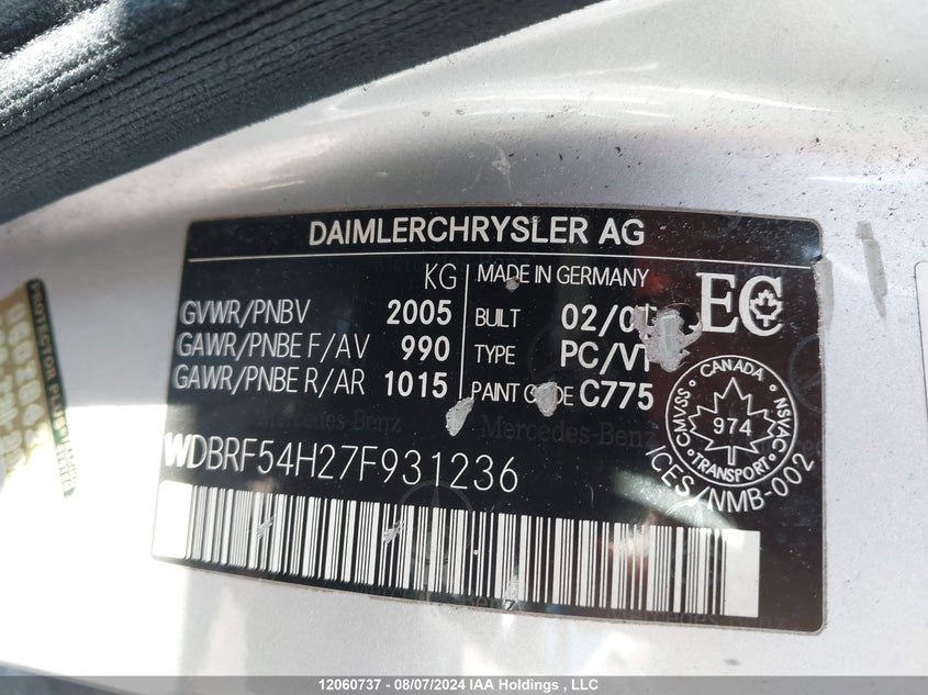 2007 Mercedes-Benz C-Class VIN: WDBRF54H27F931236 Lot: 12060737