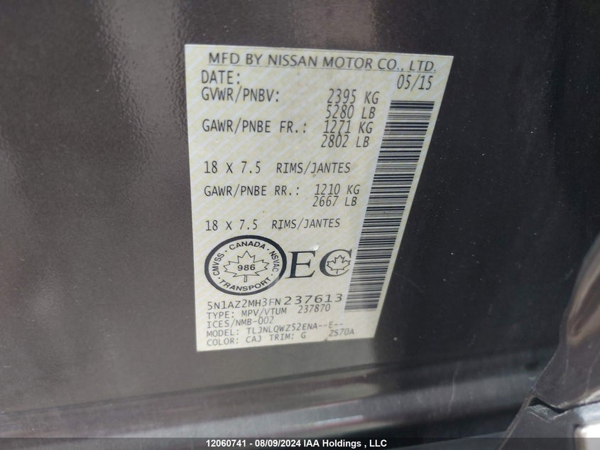 2015 Nissan Murano VIN: 5N1AZ2MH3FN237613 Lot: 12060741