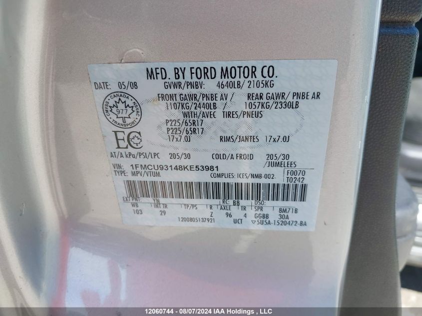 2008 Ford Escape Xlt VIN: 1FMCU93148KE53981 Lot: 12060744