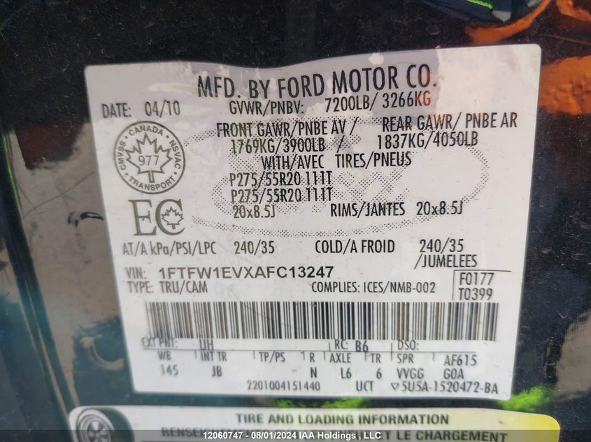 2010 Ford F-150 VIN: 1FTFW1EVXAFC13247 Lot: 12060747